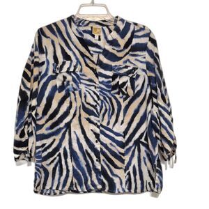 JM Collection Blouse Top 14 P Button Up Linen Blue White Zebra Print 3/4 Sleeve